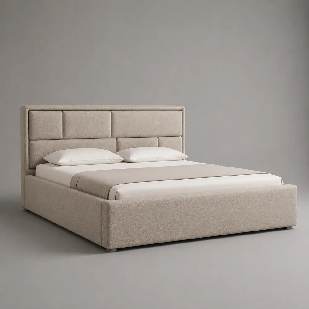 Letto matrimoniale imbottito con testiera a pannelli in tessuto poliestere beige 160 x 200 cm
