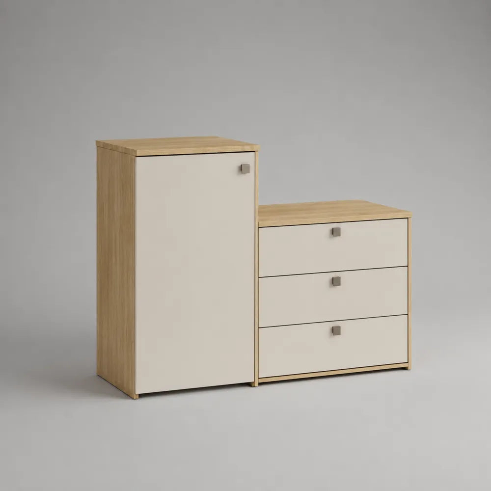 Scarpiera ingresso in MDF effetto rovere e bianco con anta e 3 cassetti 120x40x75 cm