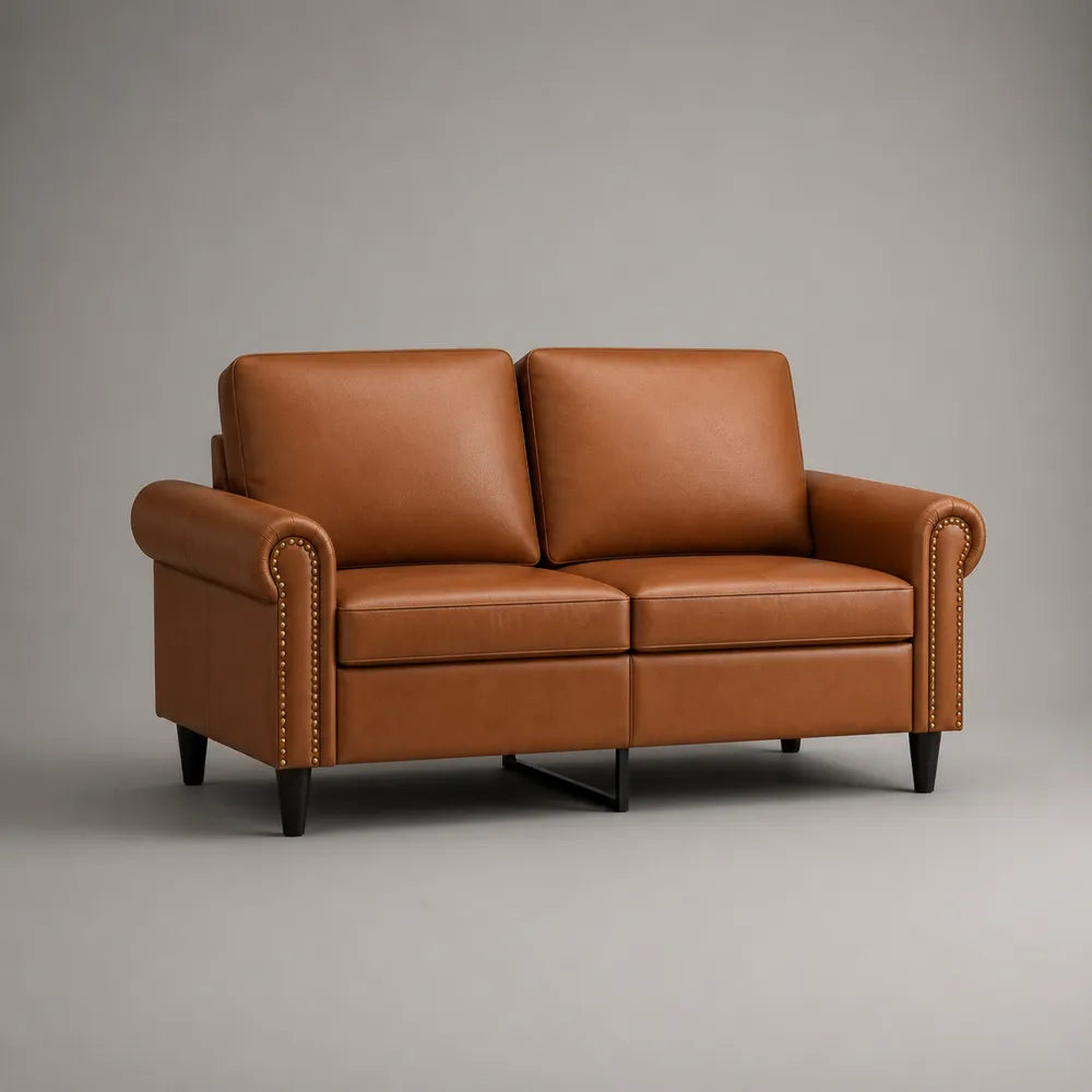 Divano 2 posti imbottito in similpelle marrone con braccioli arrotondati e gambe in acciaio nero 180x85x85 cm