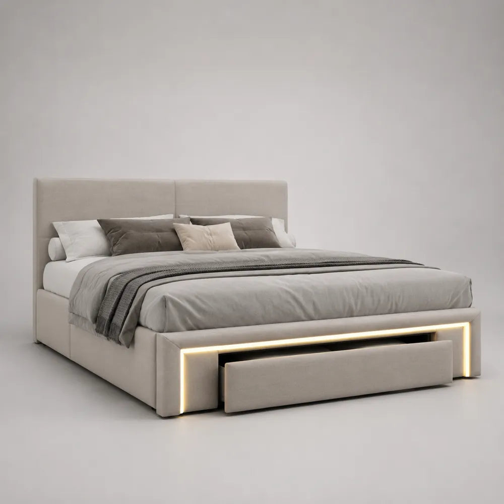 Letto matrimoniale imbottito contenitore con cassetto e luce LED in tessuto poliestere beige 160 x 200 cm
