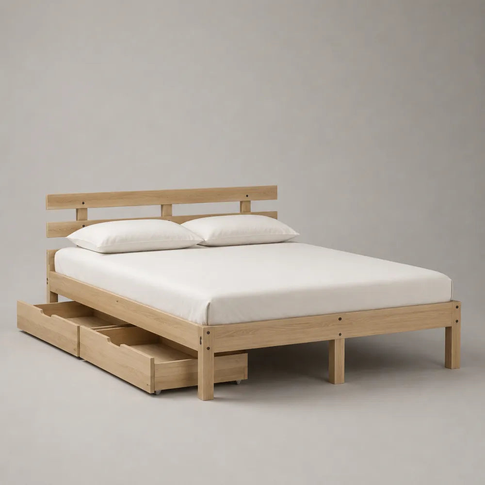 Letto matrimoniale con cassetti contenitore in legno effetto rovere chiaro 160 x 200 cm con testiera a doghe