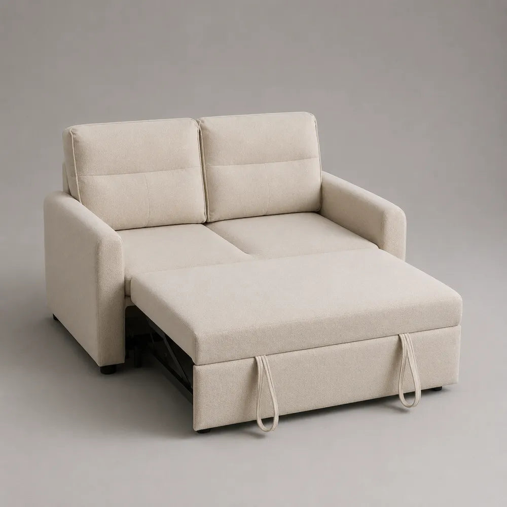 Divano letto matrimoniale estraibile rettangolare 220x160 cm in tessuto poliestere beige con braccioli imbottiti