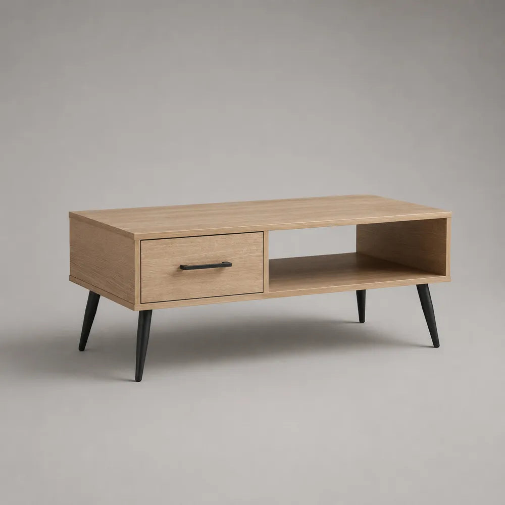 Tavolino da caffè rettangolare in MDF effetto rovere con cassetto e gambe in acciaio nero 120x60x45 cm