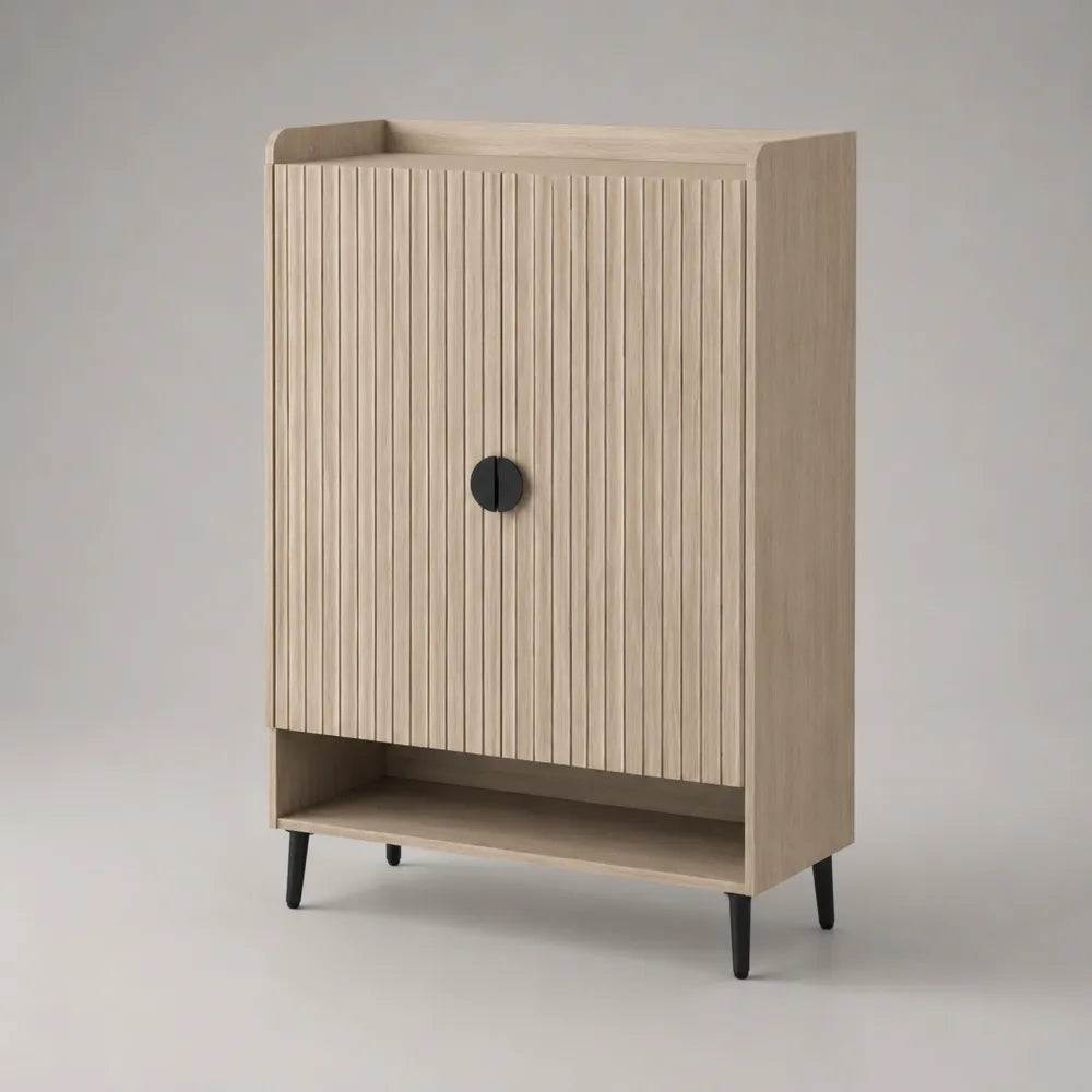 Scarpiera da ingresso in MDF effetto rovere con anta scanalata e ripiano aperto rettangolare beige nero 80x35x120 cm