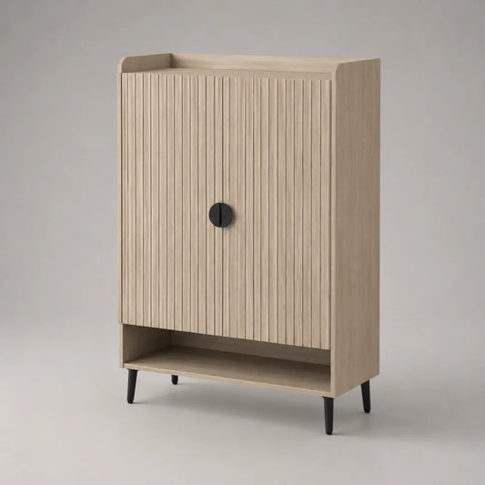 Scarpiera da ingresso in MDF effetto rovere con anta scanalata e ripiano aperto rettangolare beige nero 80x35x120 cm