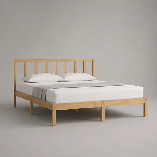 Letto matrimoniale in legno massello di pino naturale 160 x 200 cm con testiera a doghe struttura rettangolare
