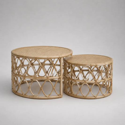 Set 2 tavolini da caffè rotondi in rattan naturale intrecciato beige diametro 80 cm e 60 cm