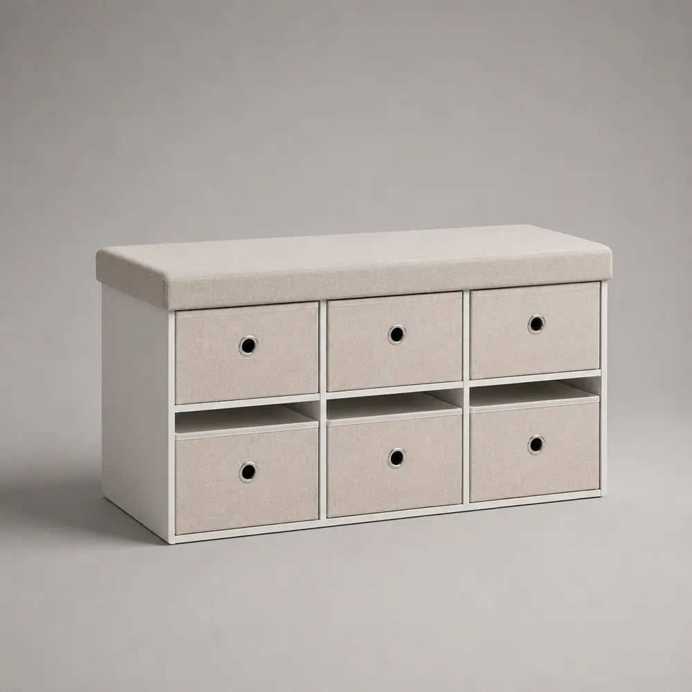 Scarpiera contenitore con 6 cassetti in MDF rivestita in tessuto beige 120x35x60 cm struttura rettangolare