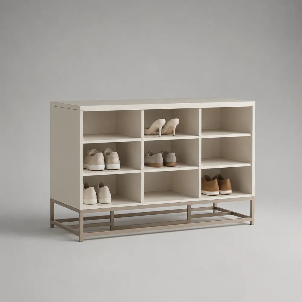 Scarpiera in MDF bianco con 9 vani aperti e struttura in acciaio grigio 120x35x90 cm