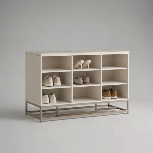 Scarpiera in MDF bianco con 9 vani aperti e struttura in acciaio grigio 120x35x90 cm