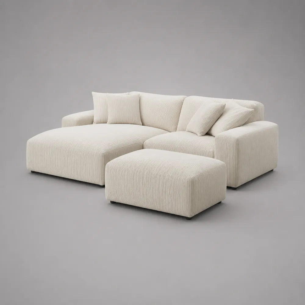 Divano angolare modulare con penisola e pouf in tessuto poliestere beige 280x170x85 cm