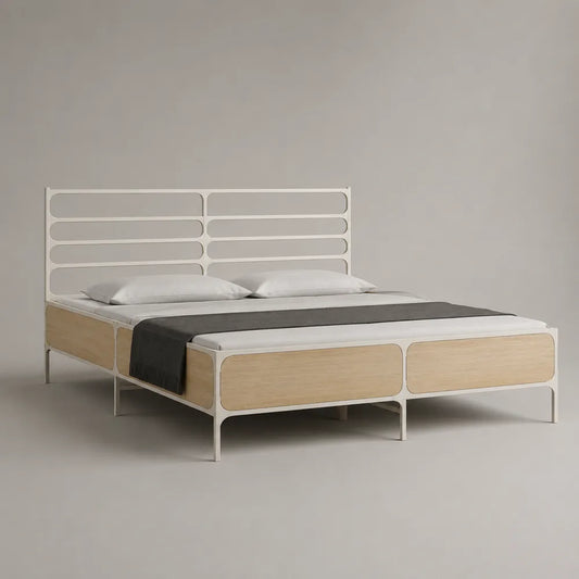 Letto matrimoniale in metallo bianco e MDF effetto legno naturale 160x200 cm con testiera a doghe orizzontali