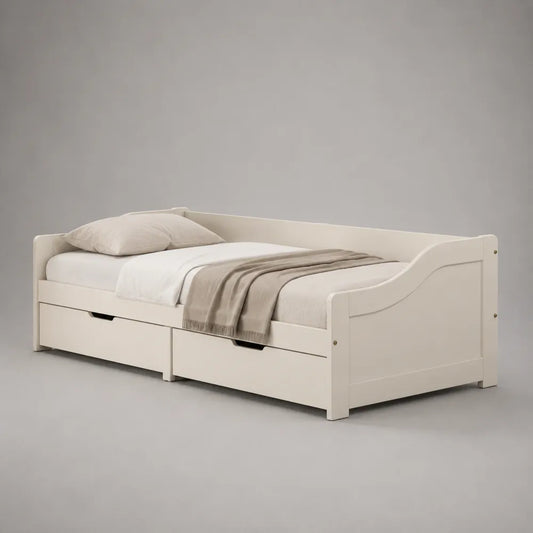 Letto singolo con cassetti contenitore in MDF bianco 90 x 200 cm con struttura rettangolare e testiera sagomata