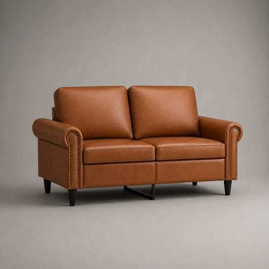 Divano 2 posti imbottito in similpelle marrone con braccioli arrotondati e gambe in acciaio nero 180x85x85 cm
