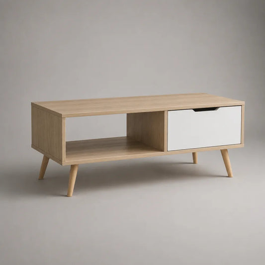 Tavolino da caffè rettangolare in MDF effetto rovere con cassetto bianco e gambe in legno 120x60x45 cm