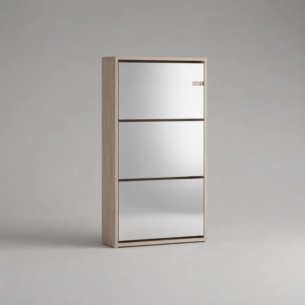 Scarpiera verticale con 3 ante ribaltabili in MDF effetto rovere chiaro con specchio frontale 60x25x120 cm