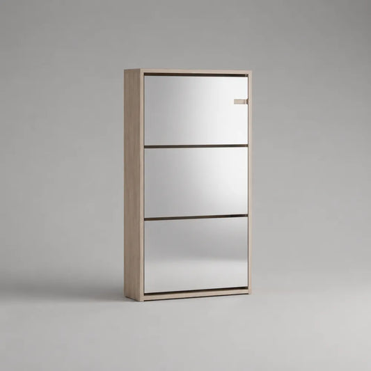 Scarpiera verticale con 3 ante ribaltabili in MDF effetto rovere chiaro con specchio frontale 60x25x120 cm