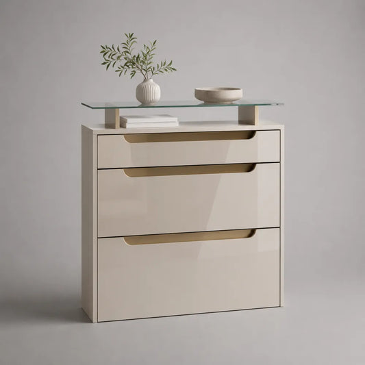 Scarpiera in MDF bianco con 3 scomparti ribaltabili e piano superiore in vetro 100x35x110 cm