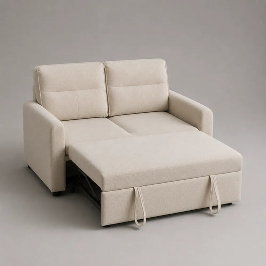 Divano letto matrimoniale estraibile rettangolare 220x160 cm in tessuto poliestere beige con braccioli imbottiti