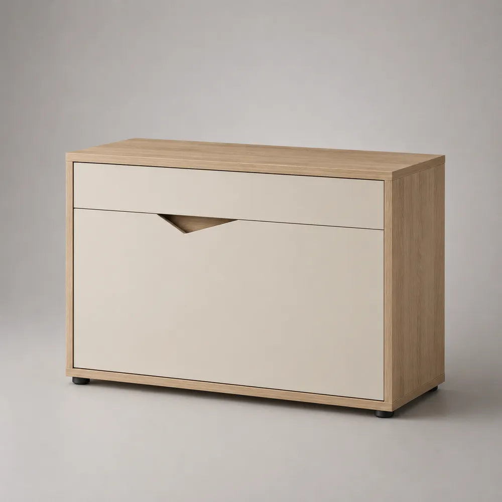 Scarpiera da ingresso in MDF effetto rovere con anta ribaltabile e vano contenitore rettangolare beige nero 100x35x50 cm