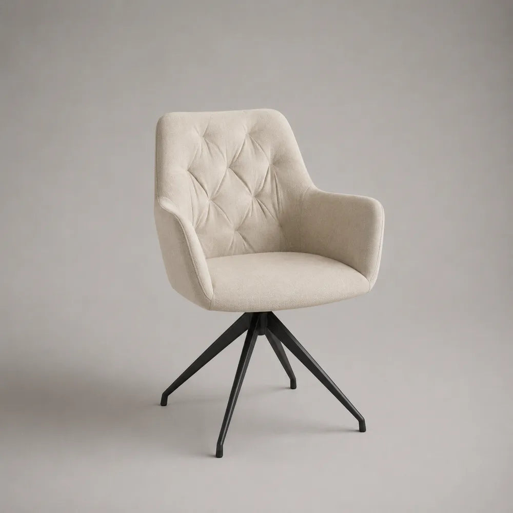 Poltrona da pranzo imbottita con braccioli in tessuto bouclé beige e base in acciaio nero 62 x 60 x 82 cm